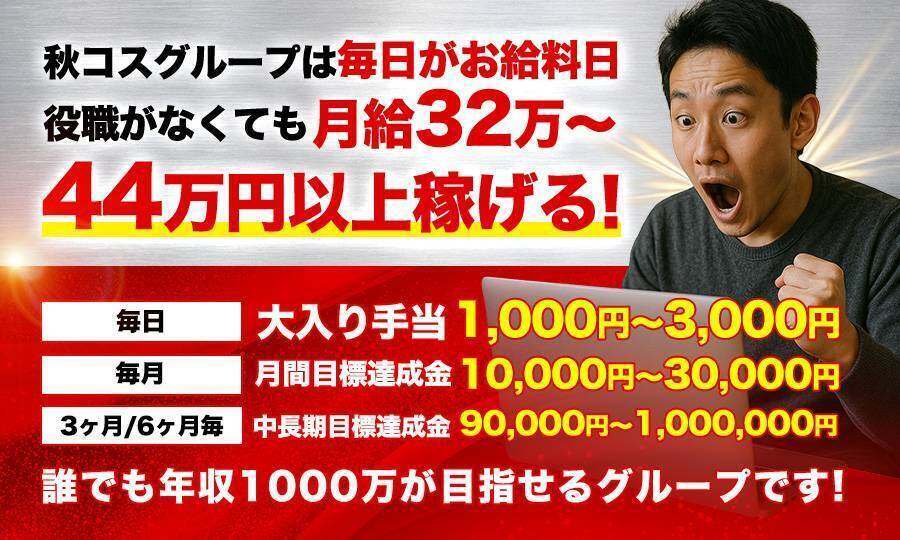 役職なしでも月３２万～以上可能！日ごと、月ごと、中長期ごとに給与アップのチャンス！毎日がお給料日！